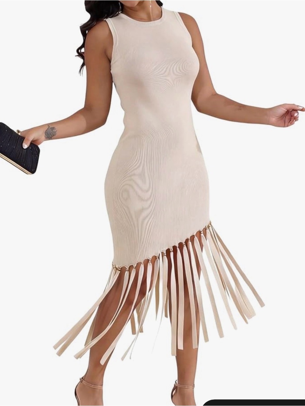 Sexy bodycon midi dress asymmetrical fringe